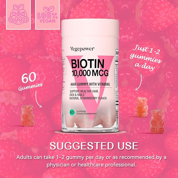 Hair Growth Gummies with Biotin 10,000mcg - Vegan Hair Vitamins Gummy for Yor Healthy Hair, Skin & Nails, Added B-Complex, Vitamin D, Vitamin A & Zinc - Hair Supplement for Women Men (60, Strawberry)