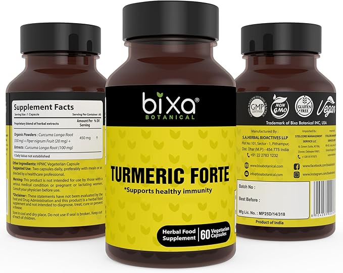 bixa BOTANICAL Ayurvedic Natural Herbal Supplement Turmeric Forte Capsules (100% Pure Authentic Premium Quality) 450mg 60 Veg Capsules