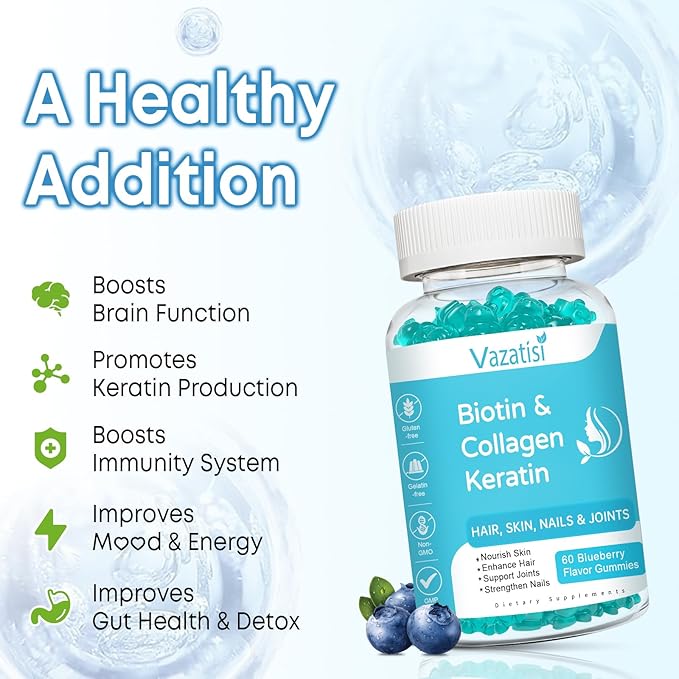 Biotin Gummies with Collagen & Keratin for Hair Skin Nails- Supports Hair Growth and Stronger Nails, Women Men, Kids - 60 Blueberry Flavored Gummies