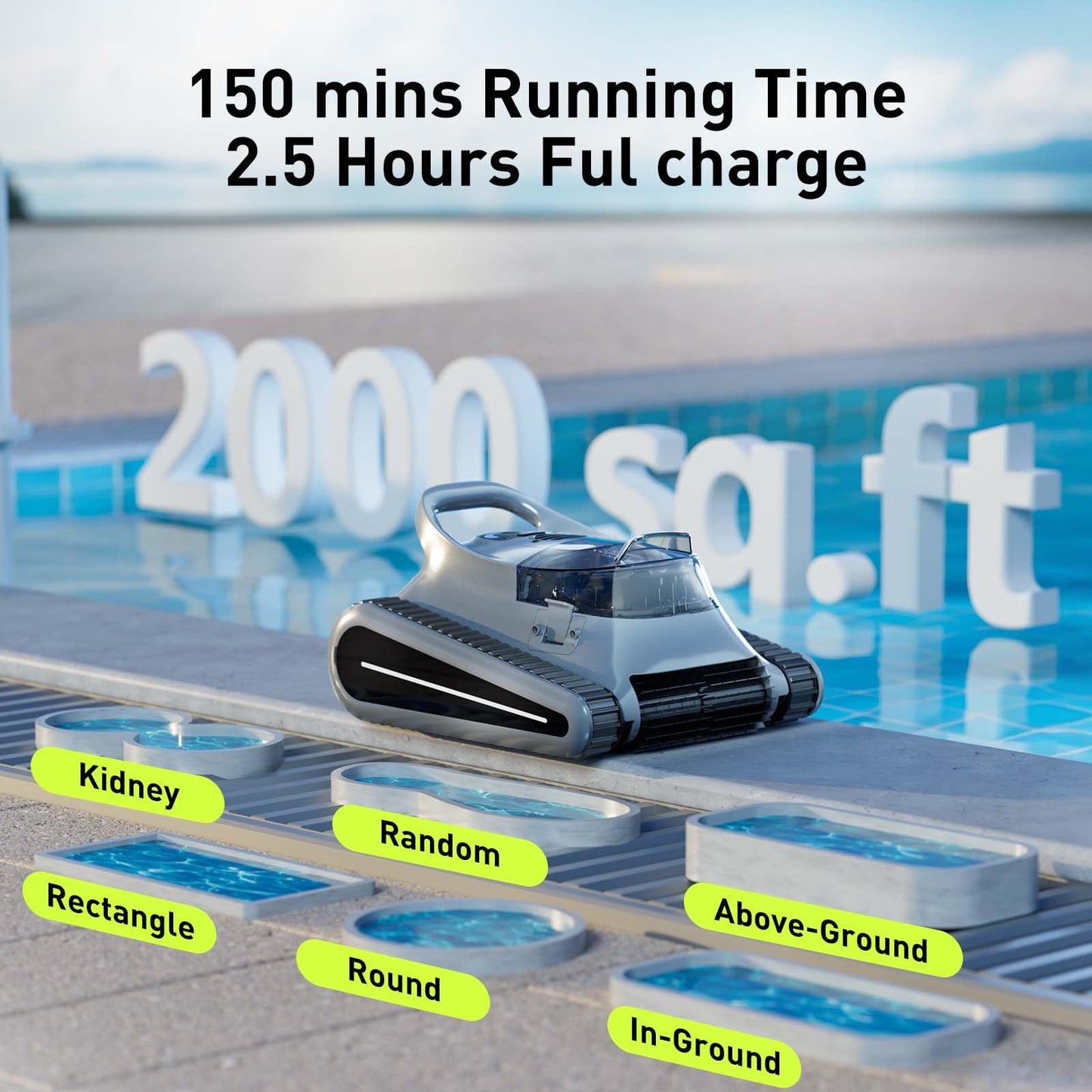 Pool Vacuum for Above Ground Pool Up to 2000 Sq.ft, Pool Vacuum for Inground Pools Lasts Up to 150 Mins, Dual Brushes for Superior Cleaning, Pool Cleaner for Wall, Floor and Auto Mode