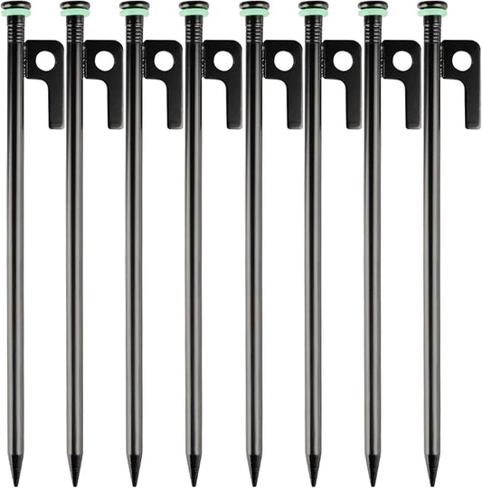 8 Pack Tent Stakes Heavy Duty Metal Tent Pegs with 10in Steel Tent Stakes+Fluorescent Silicone Rings+Special Bag for Camping Used on Rocks, Grassland (10in - 8 Pack)