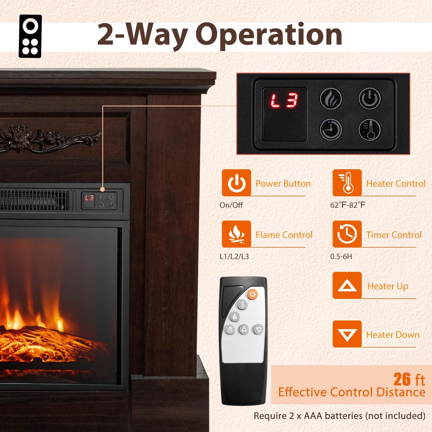 COSTWAY 32-inch Electric Fireplace with Mantel, 1400W Freestanding Fireplace Heater with Remote Control, Thermostat, 6H Timer, Adjustable 3D Flame Effect, Fireplace Mantel for Living Room, Brown
