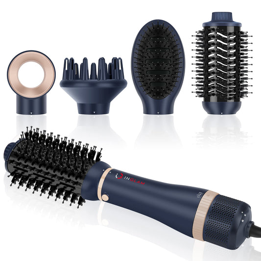 IG INGLAM Hair Dryer Brush Set, 4 in 1 Blowout Brush with Negative Ions Technology, Prussian Blue (Hair Dryer, Volumizer, Curler, Straightener), 3 Heat Settings, Interchangeable Brush Head Design