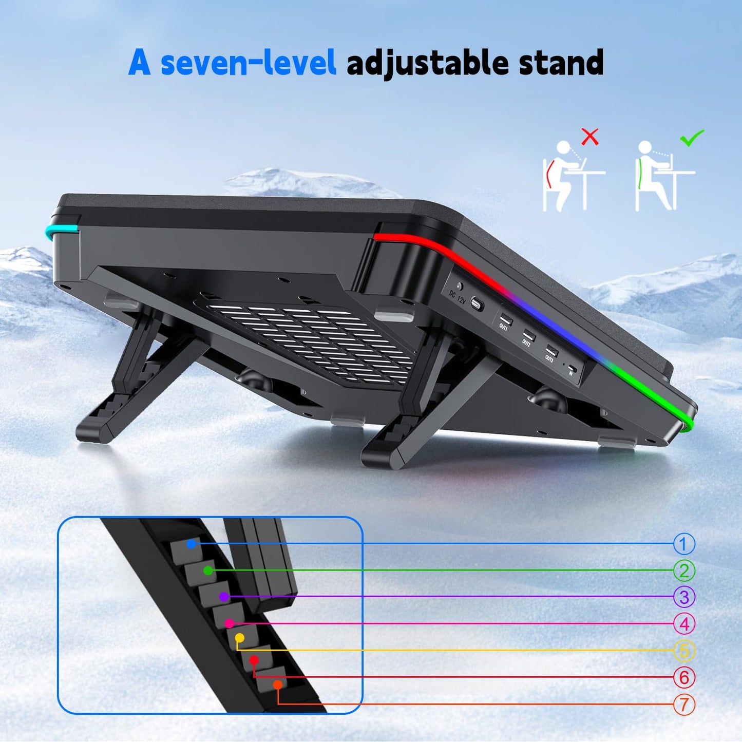 IETS GT600 RGB Laptop Cooling Pad Equipped with Gigantic Turbo-Fan（5.5inch Diameter）,Sealed Foam for Rapid Cooling Gaming Laptop,14.1-19.3 inch Laptop Cooler with 3-Port USB Hub,Dust Filter