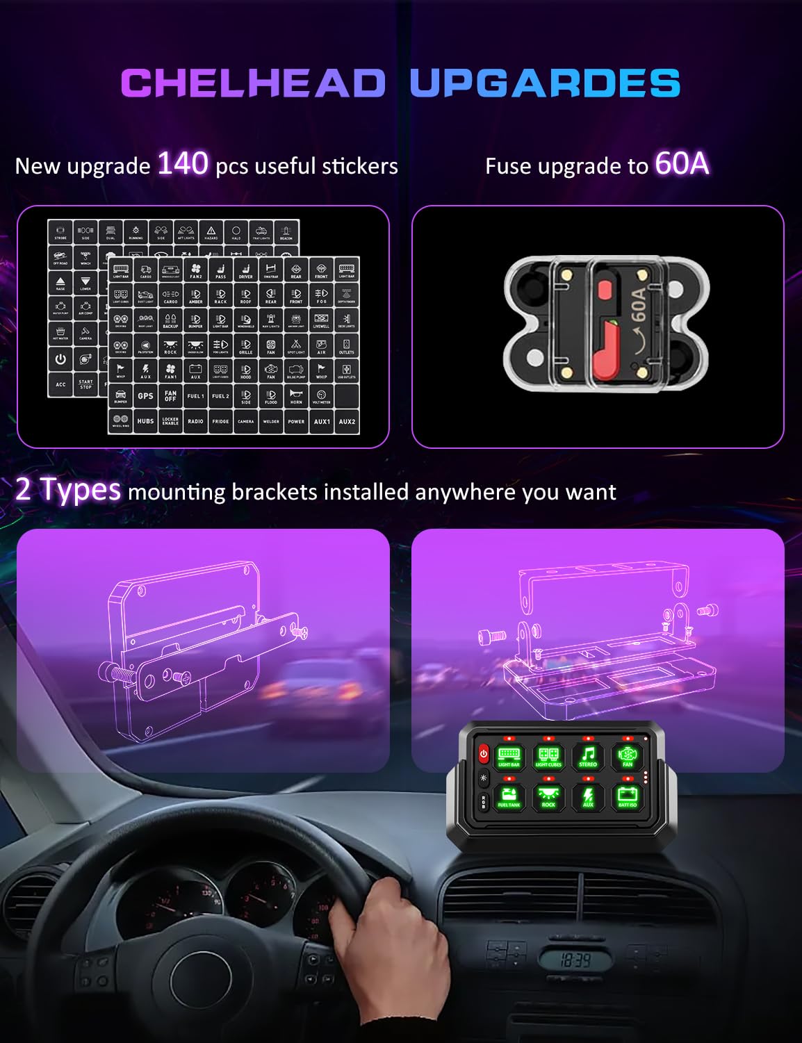 Chelhead Wireless Switch Panel 12V 8 Gang Remote Control Range 165FT RGB Waterproof Multifunction Toggle Momentary Strobe Circuit Control Relay System Box for Off Road Truck SUV UTV RV