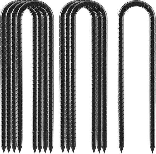 12inch Rebar Stakes, 8 Pack U Hook Ground Anchors, Heavy Duty Rust Proof Coated Steel Ground Stakes Ground Anchors, Garden Stake Metal Stakes Tent Stakes Trampoline Anchors Trampoline (Black)