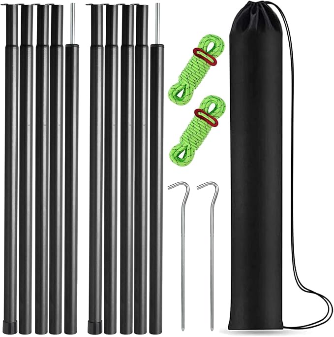 Tent Poles Adjustable Tarp Poles Steel Rods for Tarp Canopy Camping Replacement Set of 2 +Pegs & Reflective Ropes