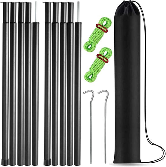 Tent Poles Adjustable Tarp Poles Steel Rods for Tarp Canopy Camping Replacement Set of 2 +Pegs & Reflective Ropes