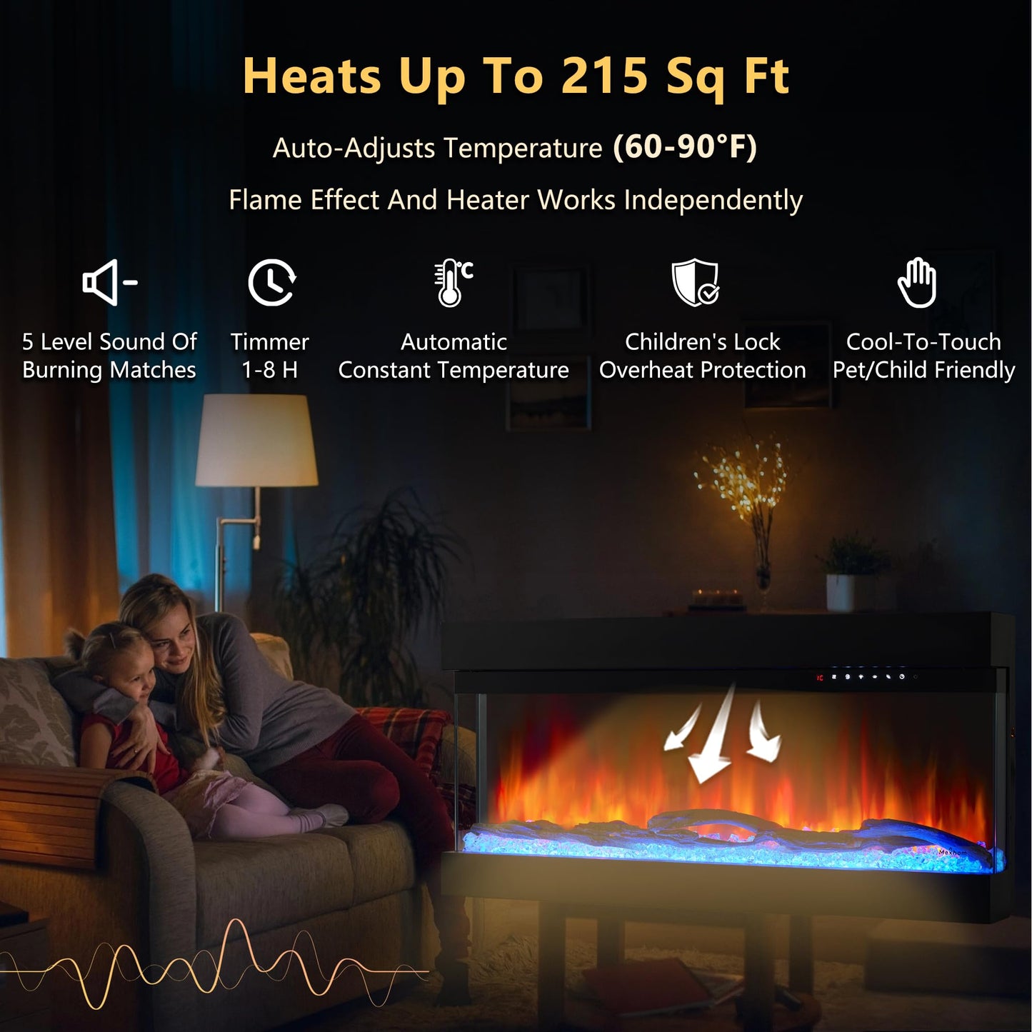 3 Sided Glass Built-in 60" Electric Fireplace - Multi-Color Flames, Heater, DIY Crystal & Log Set, Smart App & Remote Control