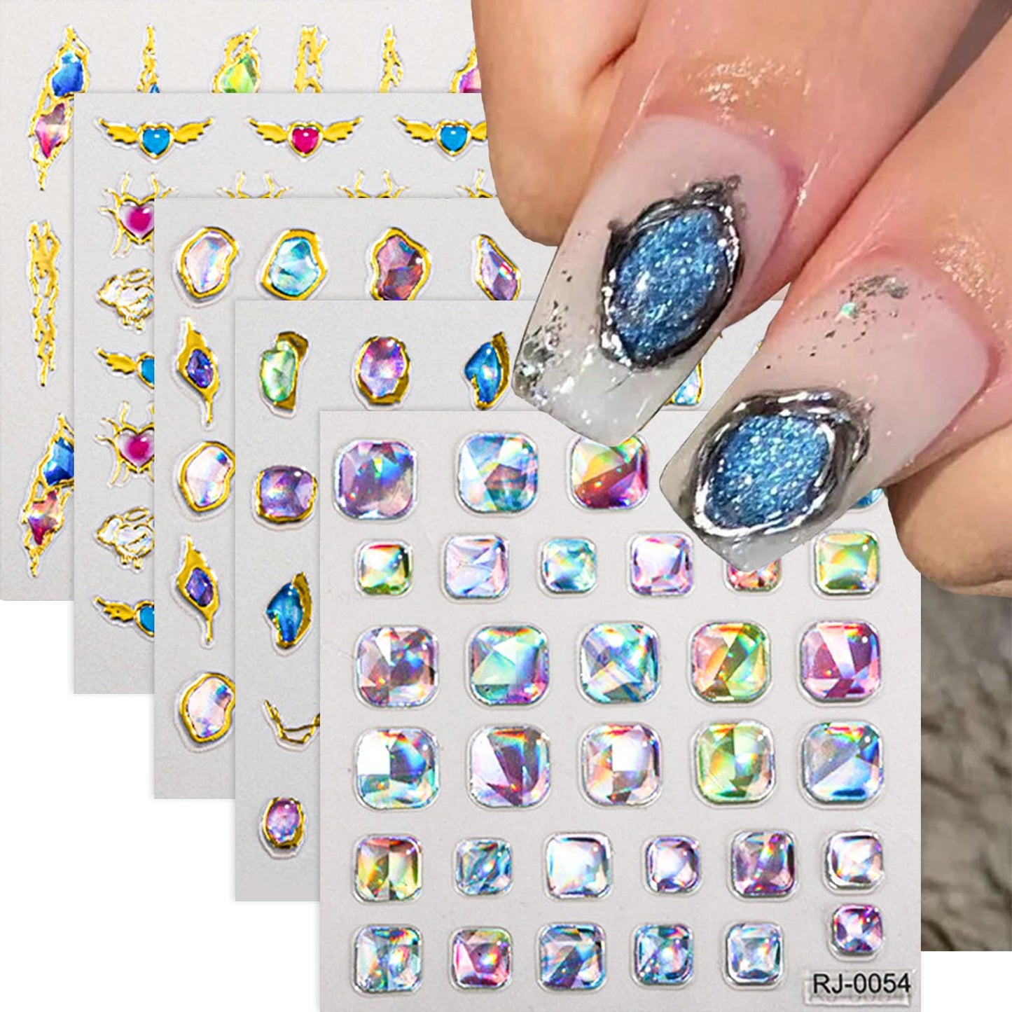 5D Gem Nail Art Sticker Decals Self Adhesive Crystal Rhinestone Embossed Nail Stickers Gem Design 5 Sheet