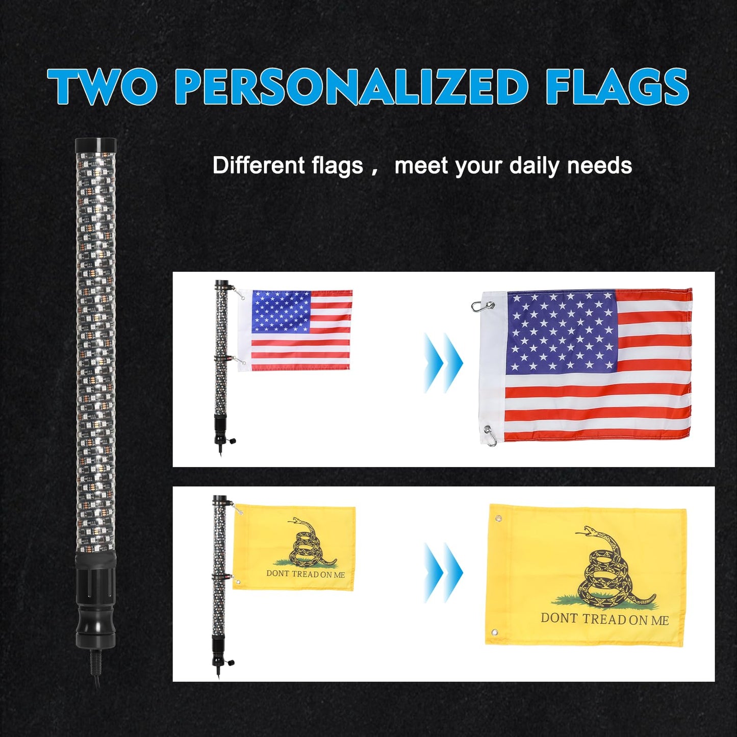 2PCS 2FT Fat LED Whip Lights with Spring Base,ATV Whip Lights with APP & Remote Control RGB Chasing Lighted Antenna Whips for UTV, Truck, Dune Buggy