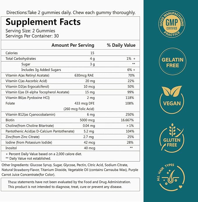 Biotin Gummies, Supports Healthy Hair, Skin & Nails, Vegan Vitamins for Women & Men, Supports Hair Growth and Stronger Nails,Healthy Skin, 30 Day Supply