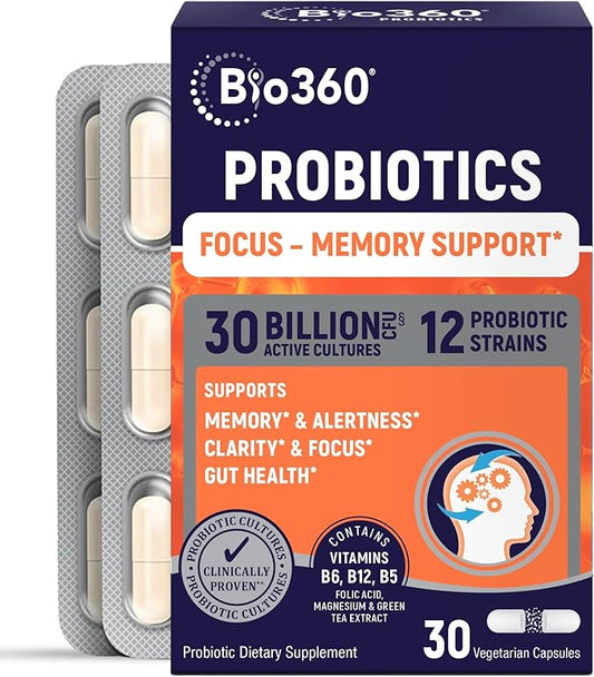 Brain Supplements for Memory and Focus - Supports Brain Health, Mental Clarity & Alertness - Capsules with B5, B6 & B12-30 Billion CFU for Immunity, Digestion & Gut Health - 30 Count