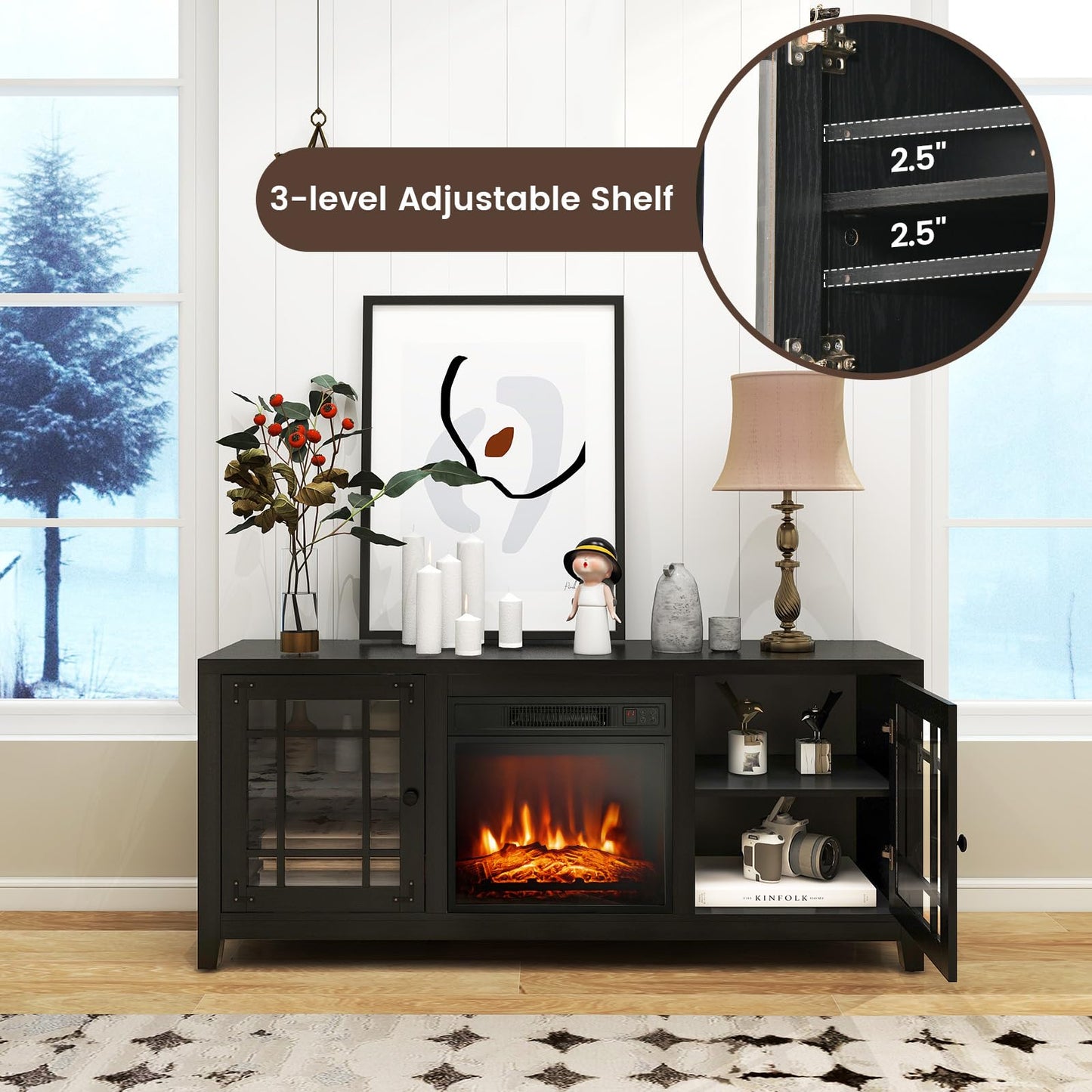 COSTWAY Electric Fireplace TV Stand for TVs up to 65-inch, 18-inch Fireplace Entertainment Center with Remote Control, Thermostat, TV Console with Adjustable Shelves for Living Room Bedroom, Black