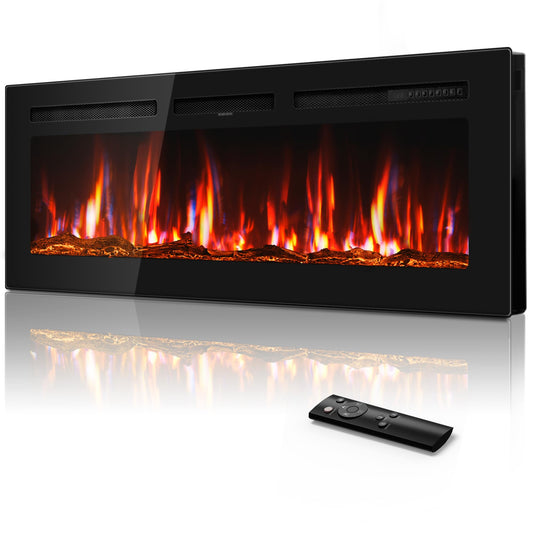 Manastin 50" Ultra-Thin Electric Fireplace Recessed and Wall Mounted with Remote Control, 12 Adjustable Color Fireplace Heater(60-99°F Thermostat), Low Noise, Timer, Child Lock