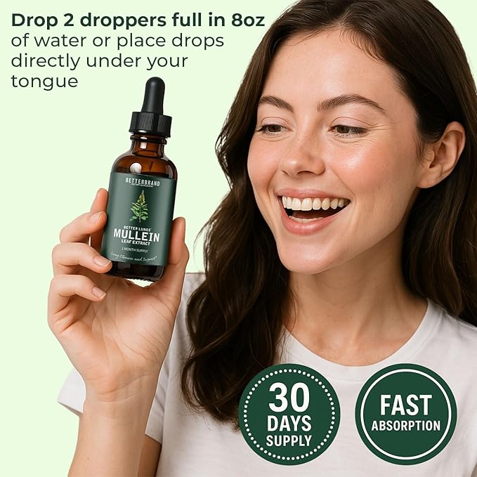 Betterbrand BetterLungs Mullein Leaf Extract - Supports Respiratory Wellness and Overall Lung Health - Natural Supplement, Tincture Drops | Non-GMO, Vegetarian | 1 Month Supply