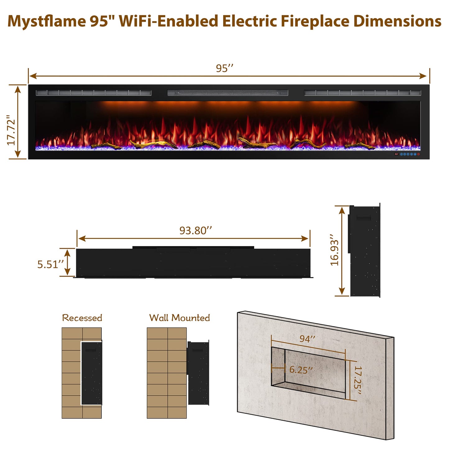Mystflame 95 Inch WiFi-Enabled Electric Fireplace Inserts & Wall Mounted, Slim Electric Fireplace Heater, 750/1500w, Adjustable Flame Color, Remote Control & Touch Screen, Logs & Crystals, Black