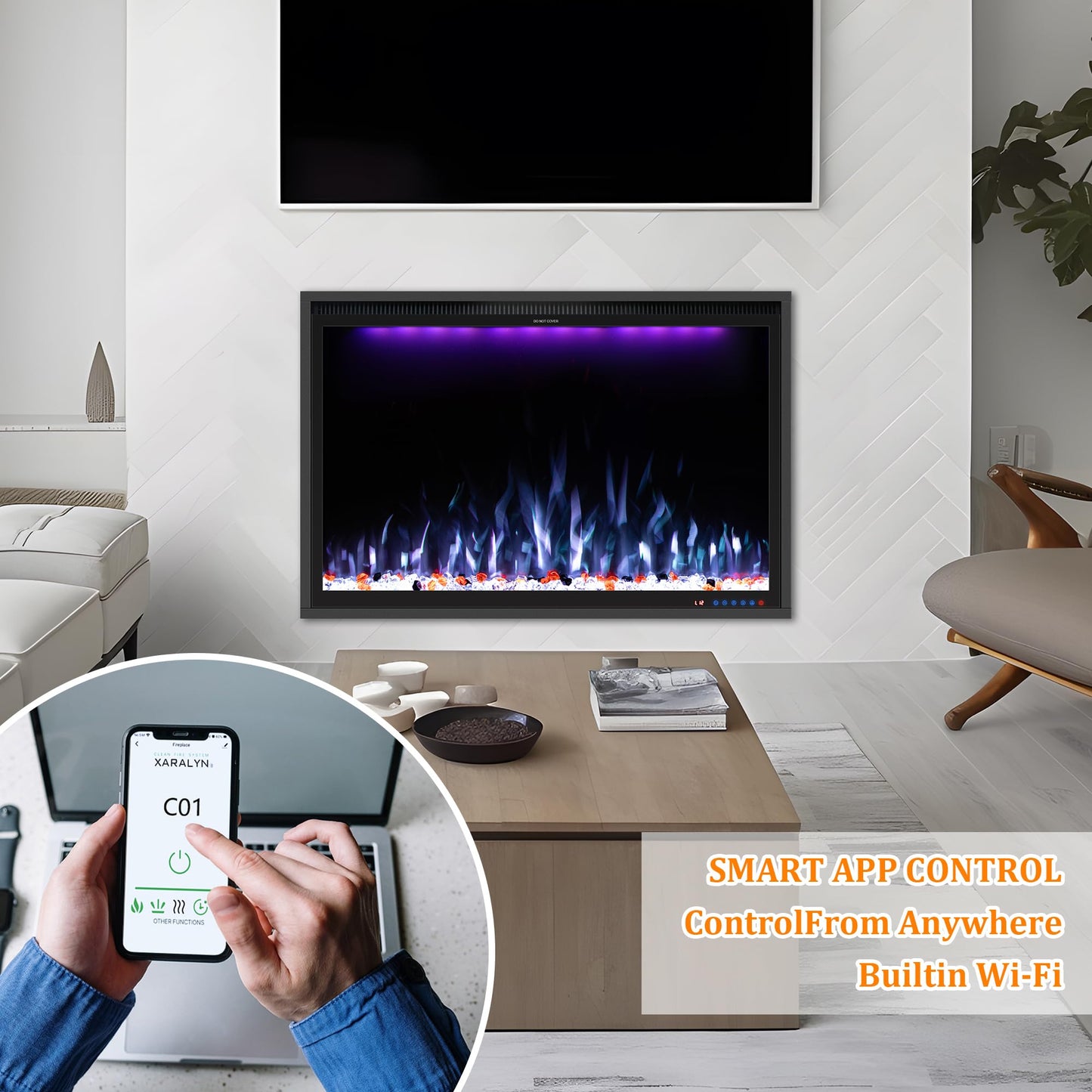 Benrocks 40'' WiFi- Enabled Electric Fireplace Inserts - Alexa & App Control, Slim Recessed & Wall Mounted, 13 * 13 * 3 Flame Color Combinations, 750W/1500W, Black