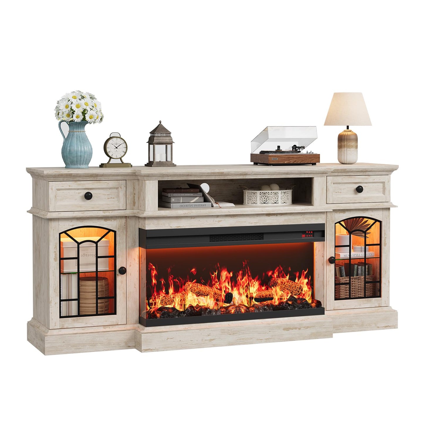 QUW 70" Farmhouse Fireplace TV Stand for TVs up to 80", Entertainment Center with 36" 3-Side Glass Electric Fireplace with Open Shelf and Cabinet, TV Console for Living Room, Antique Brush Grey