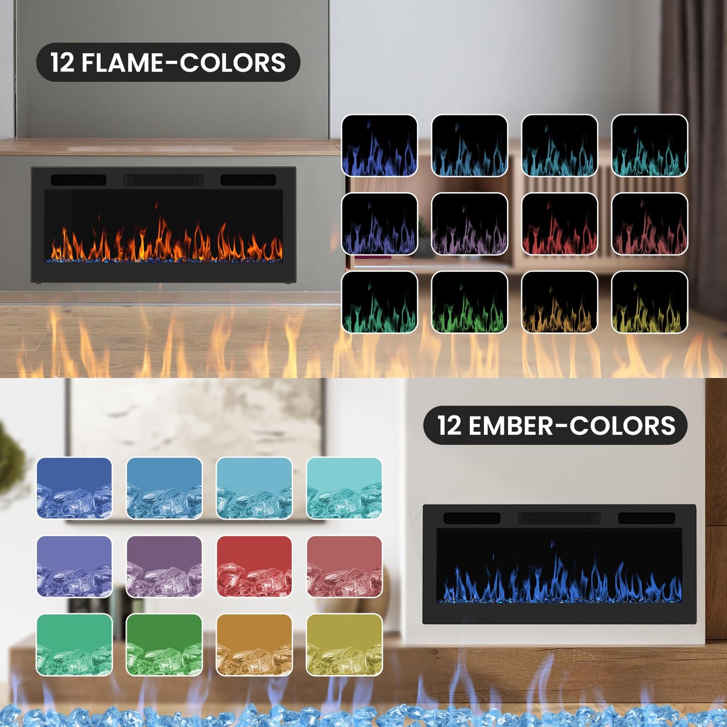 50 Inch Electric Fireplace Recessed and Wall Mounted with Adjustable Flame & Ember Color, Remote Control with Timer, Touch Screen, 750/1500W