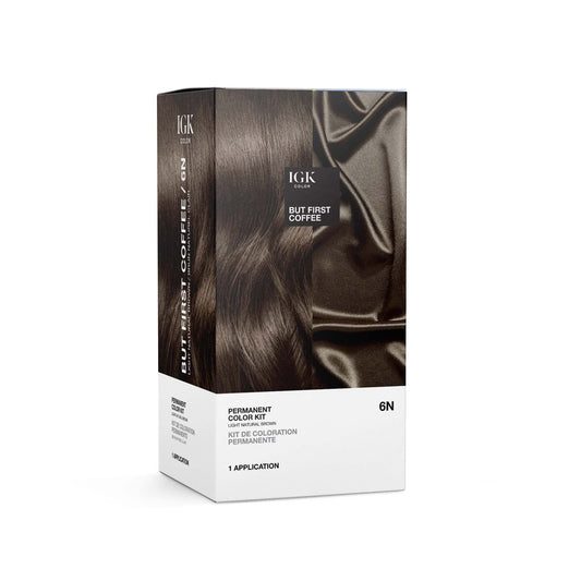 IGK Permanent Hair Color Kit | 6N But First Coffee - Light Natural Brown | 100% Gray Color Coverage + Strengthen + Shine | Ammonia Free