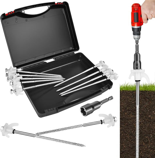 12 Pack Tent Stakes Heavy Duty 8 Inch Ground Anchor Screw Camping Stakes with Luminous Head Metal Threaded Tent Pegs, Includes Hex Head Driver and Storage Box