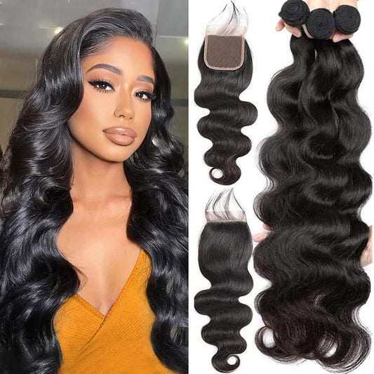 Body Wave Human Hair Bundles With Closure (18 20 20+16In) Body Wave Bundles With Closure 10A 100% Unprocessed Brazilian Virgin H