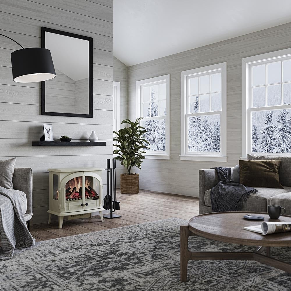 Modern Ember Harlowe Freestanding Electric Fireplace Stove Heater in Cream with Multi-Color Ember Bed | Smart Technology | Alexa/WiFi Enabled | 1500W | Indoor Portable Heater | Safety Shutoff