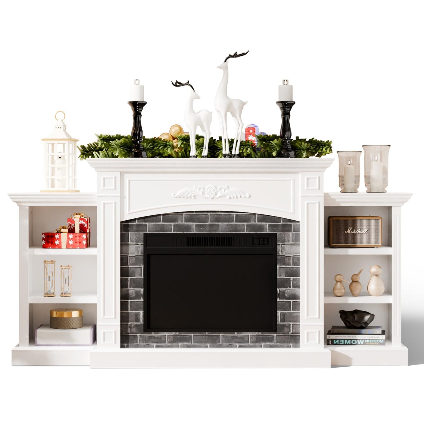 Bonnlo 80'' Fireplace TV Stand for 90'' TVs, Farmhouse Modern Electric Fireplace with Mantel, Media Entertainment Center Console Table with Ample Storage ＆ Adjustable Shelves, White