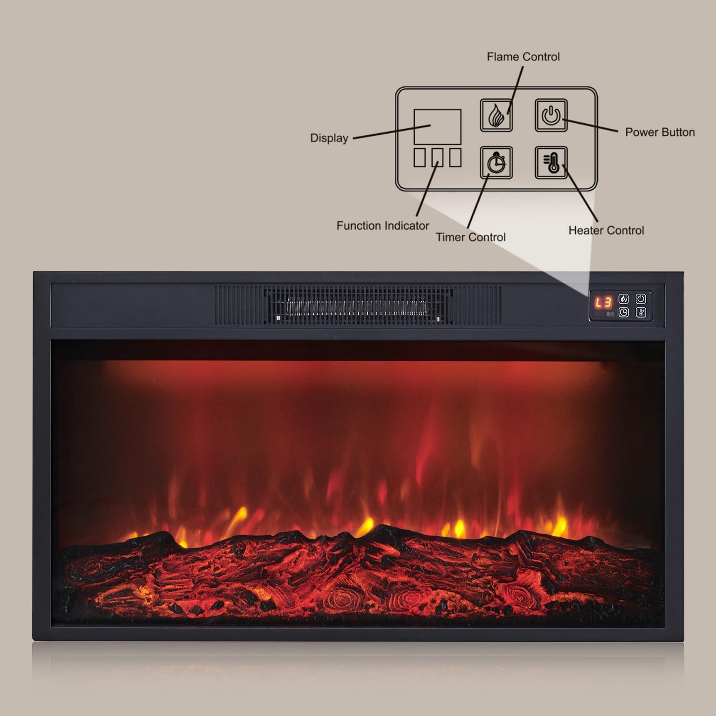Aitjunz 30" Electric Fireplace Insert, Fireplace Heater with Remote, 3 Flame Control, Heater Control, Low Noise, 6 Hour Timer, Overheating Protection, 1400W, Touch Screen (Black)