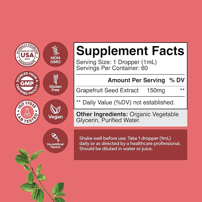 GSE Grapefruit Seed Extract Liquid - One Drop Daily - Super Concentrated Grape Seed Extract Liquid Drops Rich in Bioflavonoids & Polyphenols for Gut Health & Immune Support - 2OZ - 60 Servings