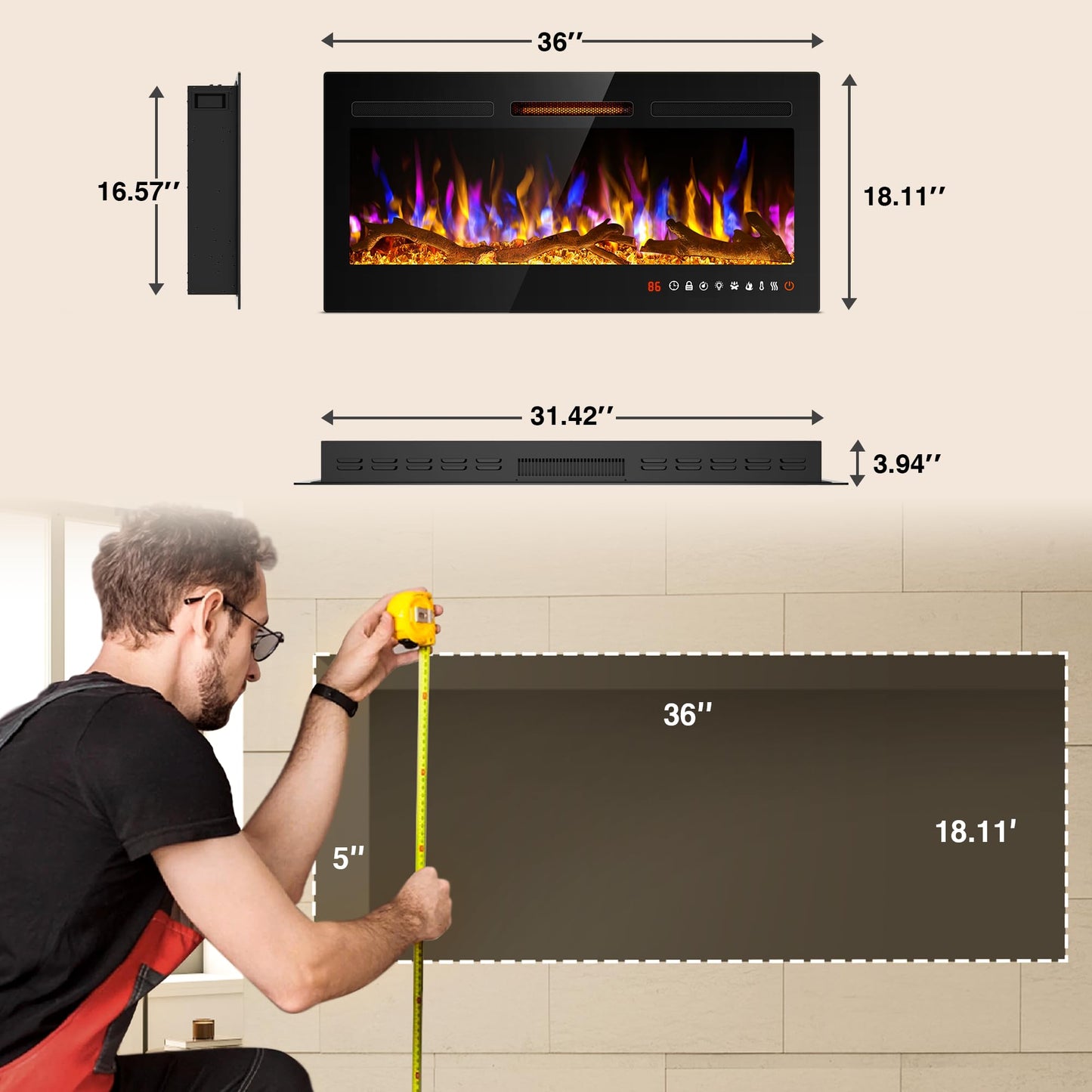 ALPACA 36'' Smart WiFi Electric Fireplace Recessed, Wall Mounted and Freestanding Linear Fireplace, Compatible with Alexa and Smart APP Control,13 Adjustable Flame Color and 5 Brightness, 750W/1500W