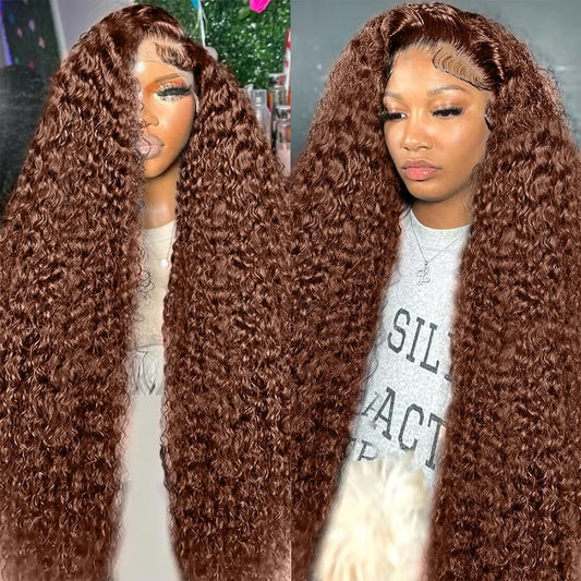 250% Density Mongolian Curly Lace Front Wigs Human Hair 13x6 Auburn Brown HD Transparent Lace Front Wigs Human Hair for Women With Baby Hair Chocolate Deep Curly Lace Front Wigs Human Hair