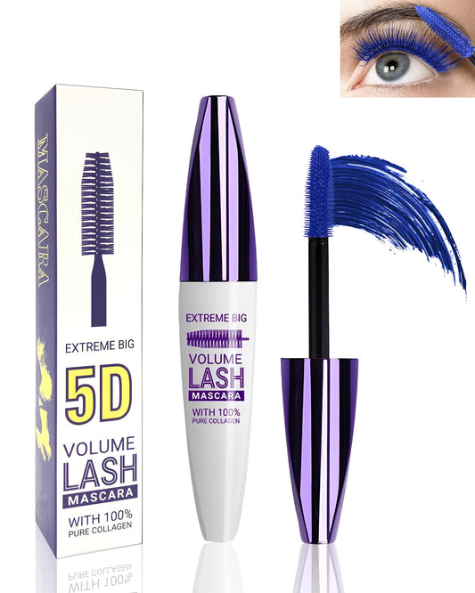 5D Blue Mascara Volume and Length,Longlasting Waterproof Smudge-proof Colored Mascara for Eyelashes,Volumizing Lengthening Curling rimel de pestañas,Cosplay Party Stage Use,Makeup Gift for Women Girl