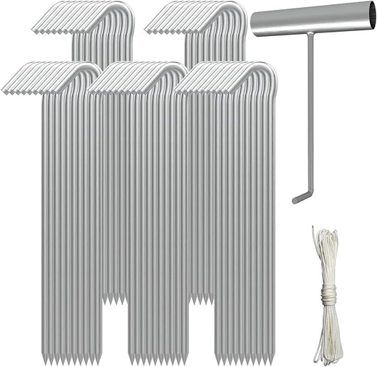 AAGUT 50 Pack Inflatable Stakes and Tethers, 9" Metal Camping Tent Stakes, Galvanized Garden Edging Fence Hooks, Ground Stakes for Trap and Christmas Decorations, Canopy Pegs with and Ties and T Hook
