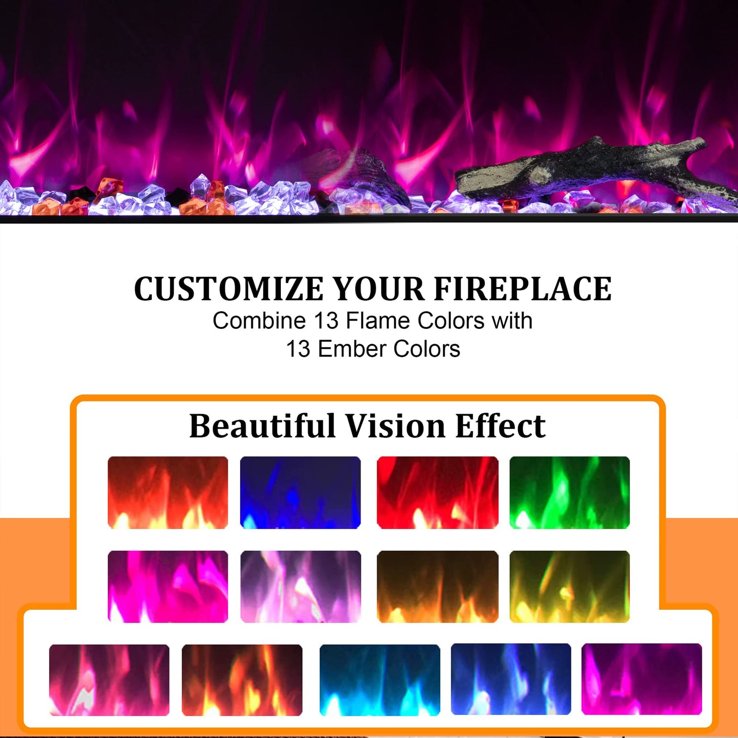 Oxhark Flame 36inch Electric Fireplace in Wall Recessed and Wall Mounted Fireplace Electric, 13 Flame Colors, Realistic Logs &Crystals Fuel Bed, Adjustable Temperature and Timer,750W/1500W, Black