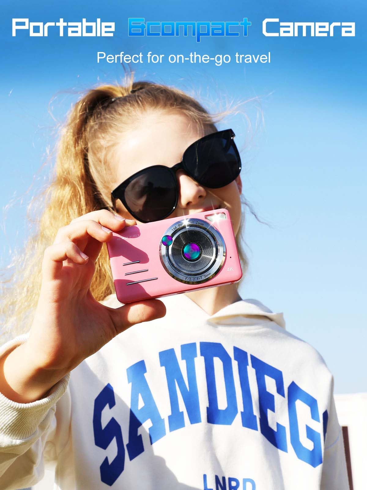 AIRSMIL Digital Camera 4K 64MP 18X Zoom Compact Vlogging Camera with 2.8 inch Screen, 64GB microSD Card 1500mAh Battery HD Digital Video Camera for Boys, Girls, Teens, and Beginners(4K Camera Pink)