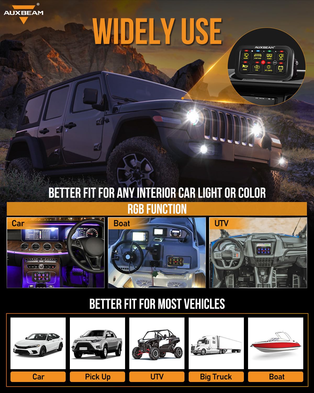 Auxbeam 8 Gang Switch Panel RB80 Toggle Momentary Pulsed RGB Dimmable Switch Panel Multifunction Panel Two Sided Output Marine Switch Panel IP65 Waterproof for Car Boat RV, 2 Years Warranty