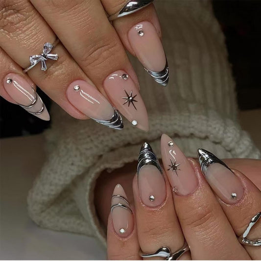 Silver Press on Nails Medium Almond Fake Nails Nude Glossy False Nails with Design Shiny Rhinestone Glue on Nails Reusable Artificial Acrylic Full Cover Star Stick on Nails for Women Manicure 24Pcs