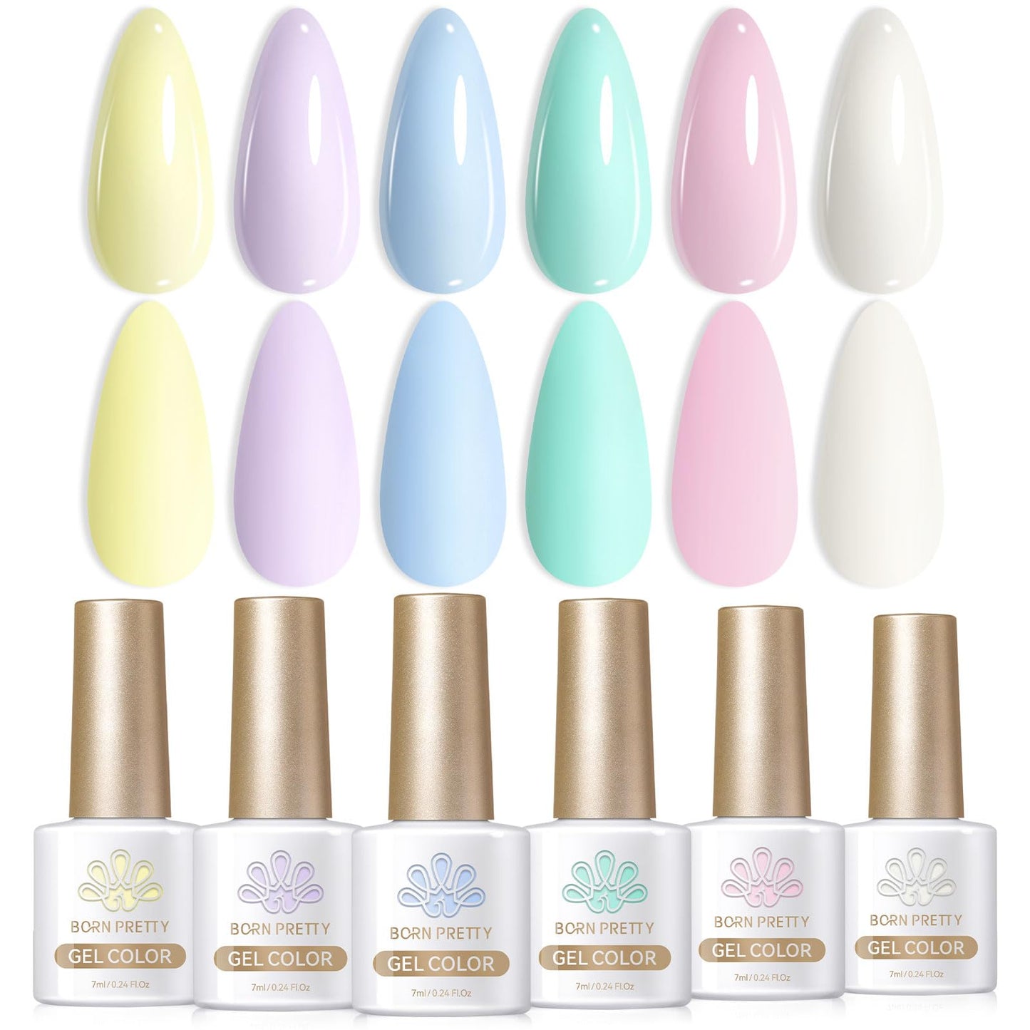 Born Pretty Pastel Gel Nail Polish Set Spring Summer Macaron Candy Sweet Color Gel Polish Easter Soft Pink Yellow Purple Blue Green Colors Collection 7ML 6PCS Nail Art Gift Box