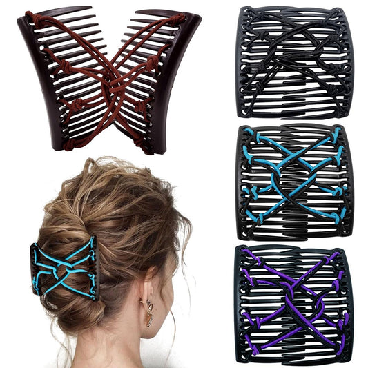 4 Pieces Elastic Beaded Magic Hair Comb Stretchy Double Comb Hair Fork Clips No Crease Hairpins Combs for Women Girls Vintage Hairstyle Multipurpose Hair Accessories, 4 Color (Classic Style)