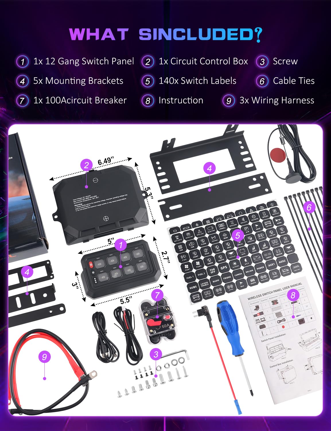 Chelhead Wireless Switch Panel 12V 8 Gang Remote Control Range 165FT RGB Waterproof Multifunction Toggle Momentary Strobe Circuit Control Relay System Box for Off Road Truck SUV UTV RV