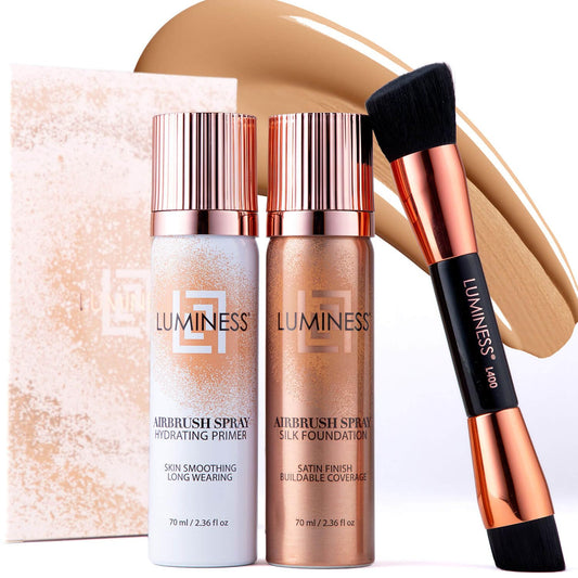 LUMINESS Silk Airbrush Spray Foundation Makeup Starter Kit - Full Coverage Foundation, Primer & Dual-Sided Angled Buffing Brush - Medium Warm