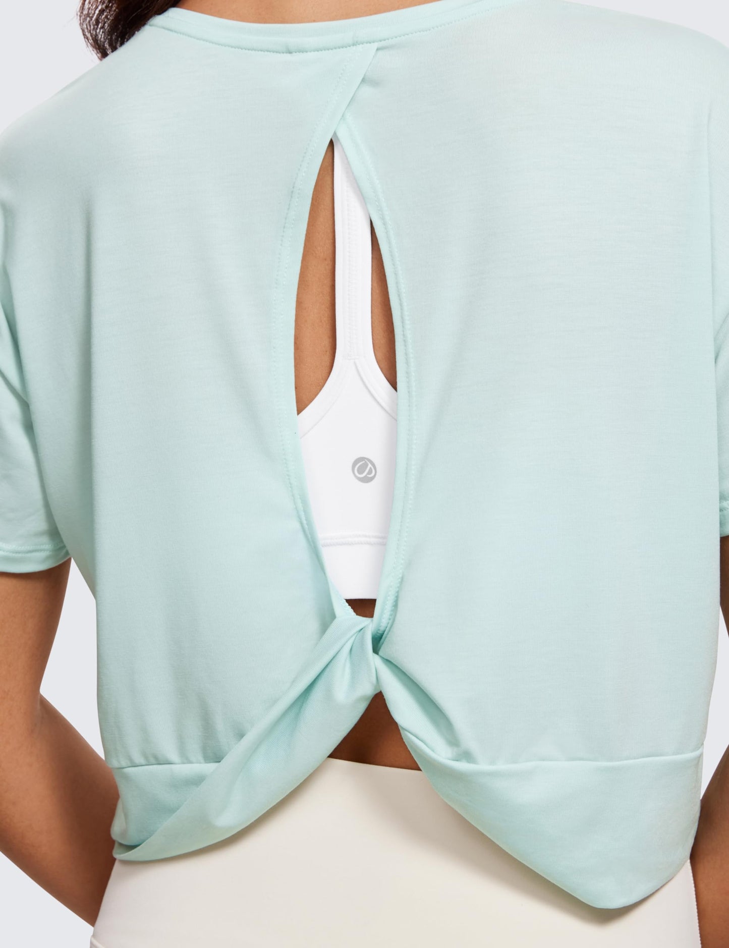 CRZ YOGA Open Back Short Sleeve Crop Top for Women Loose Athletic Yoga Workout Tops Casual Cropped Tee Shirts Skylight Green Small