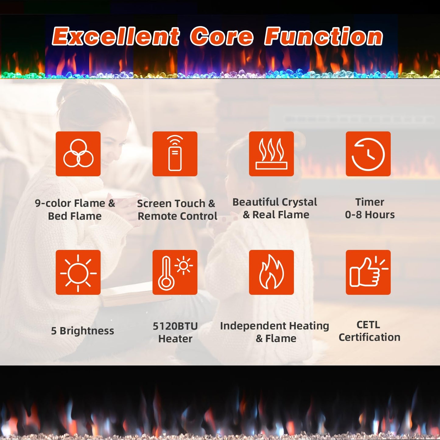 MELLCOM 100 inch Electric Fireplace Inserts, Recessed and Wall Mounted Fireplace Silence Linear Fireplace with Timer, Remote Control, 12 Colors Adjustable LED Flame, 750/1500W