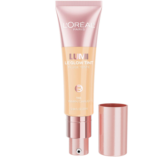 L'Oreal Paris Lumi Le Glow Skin Tint, Lightweight Water-Based Tinted Serum with Foundation-Like Coverage, Glow Illuminator, Warm 110, 0.85 Fl Oz