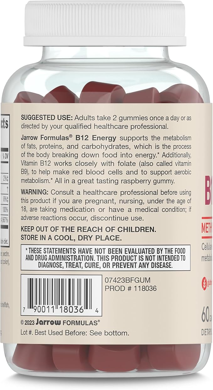 Jarrow Formulas® Methyl B12 and Folic Acid Energy, Dietary Supplement, B12 Gummies for Adults, 60 Gummies, 30 Day Supply