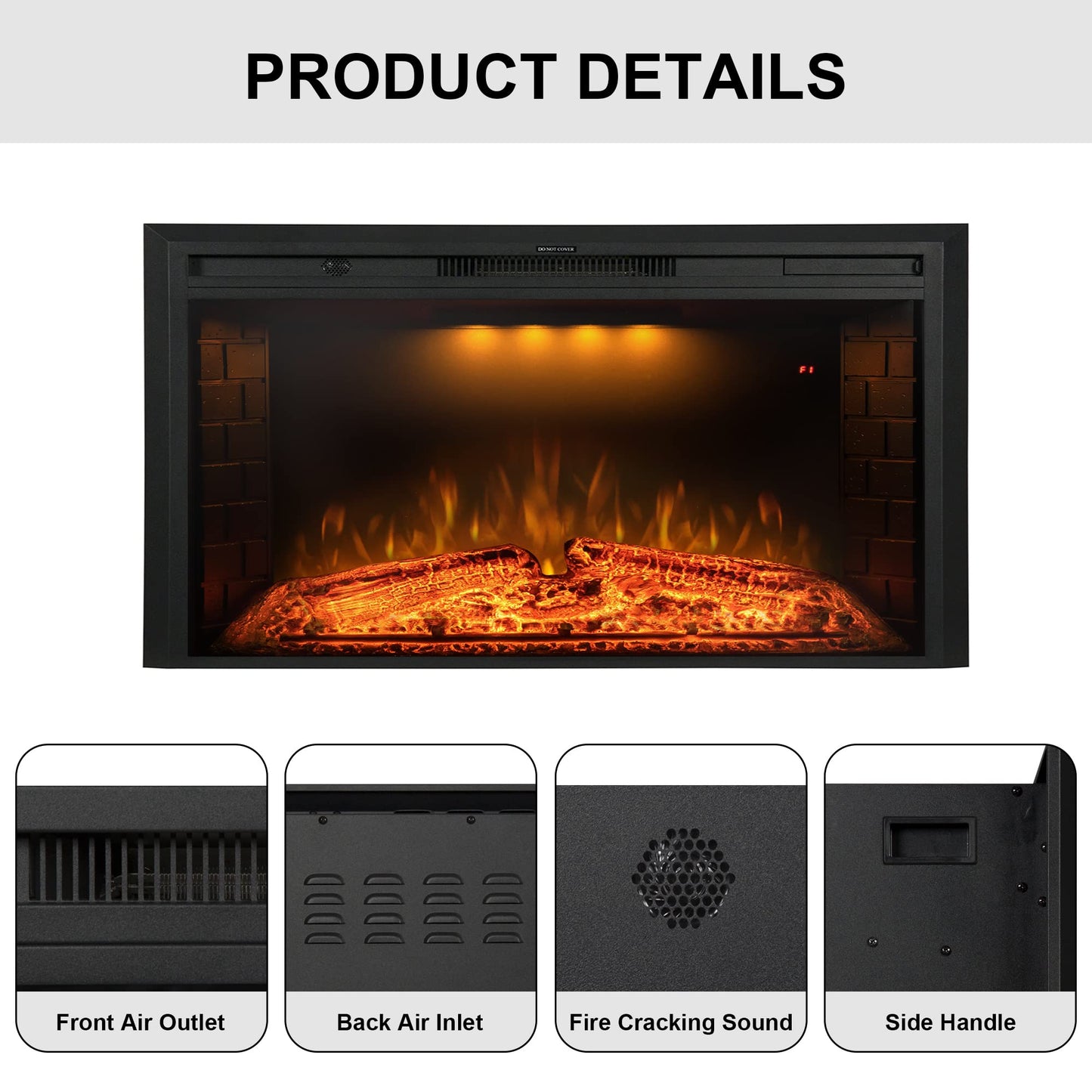 Benrocks 40'' Electric Fireplace Inserts, Recessed & Built in Wall Electric Fireplace Heater with Fire Crackling Sound, Adjustable Top Light & Flame Speed, Overheating Protection, 750/1500W Black