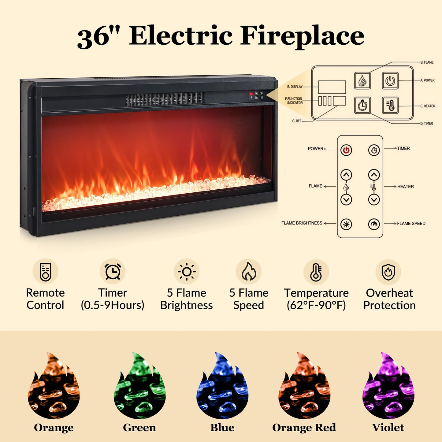 IFGET Fluted Fireplace TV Stand for TVs Up to 80 inch, Modern Entertainment Center with 36" Electric Fireplace, Wood Media Console w/Drawers and Adjustable Shelves for Living Room, Natural