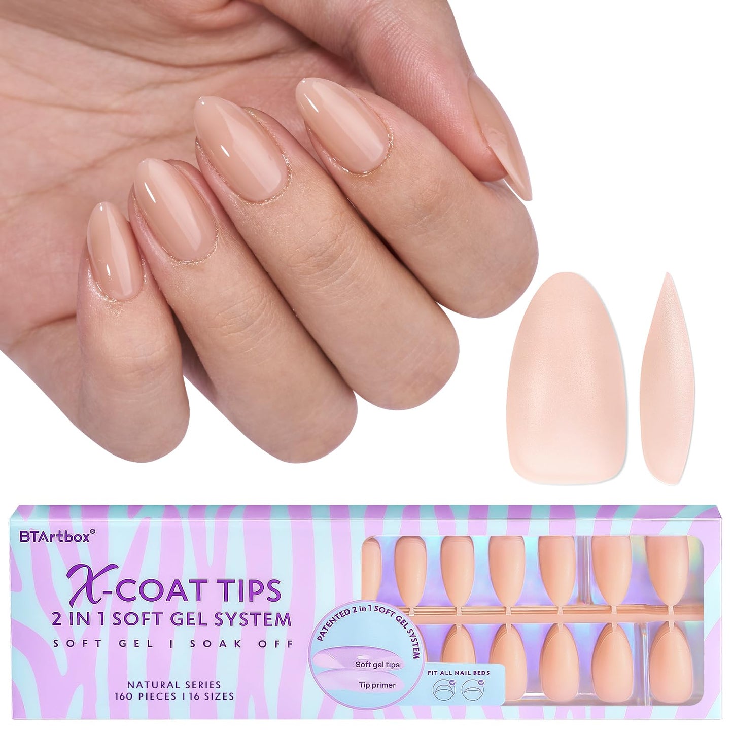 BTArtbox Short Almond Gel Nail Tips - Soft Gel XCOATTIPS Natural Press On Nails, Pre-colored Gel Nails Full Cover Fake Nails Nude for for Daily Nail Art